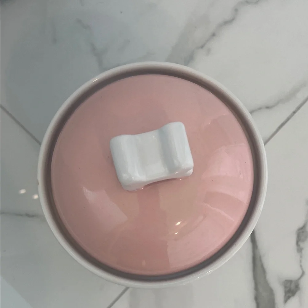 Ceramic Dog Treat Canister — Pink Lid & Blue Striped Body
